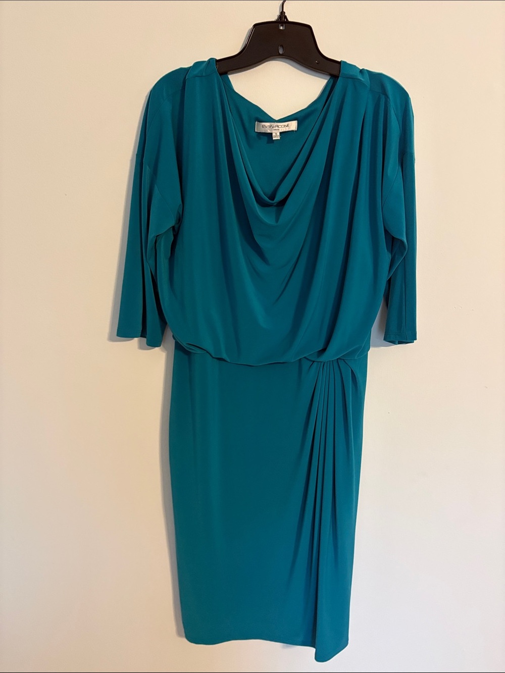 Evan Picone Teal Draped Cowl Neck Midi Dress